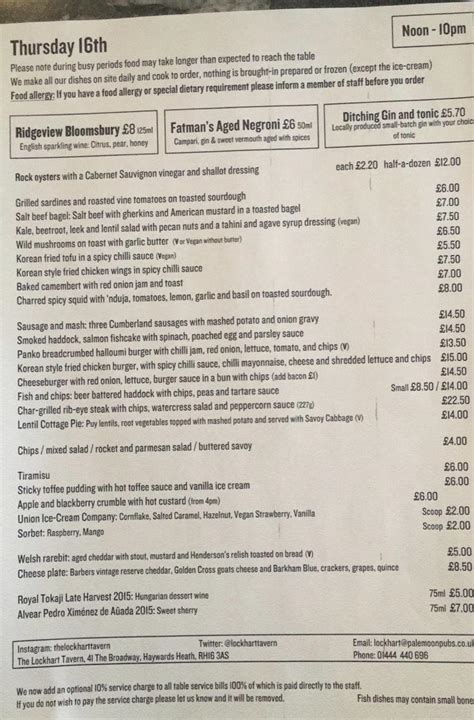 Menu At The Lockhart Tavern Pub Bar Haywards Heath