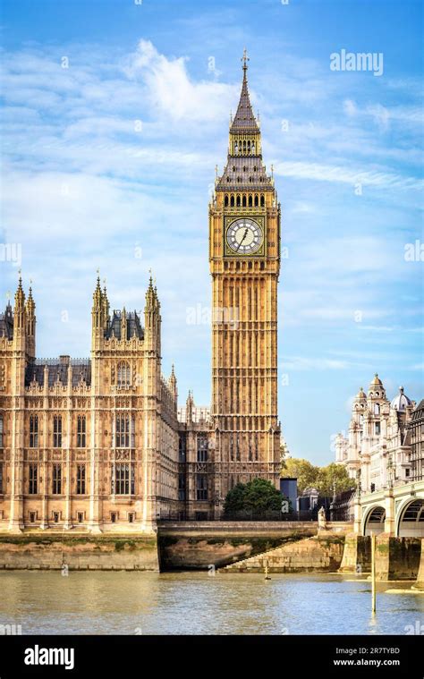 View Across Thames River To Elizabeth Tower Also Known As Big Ben At