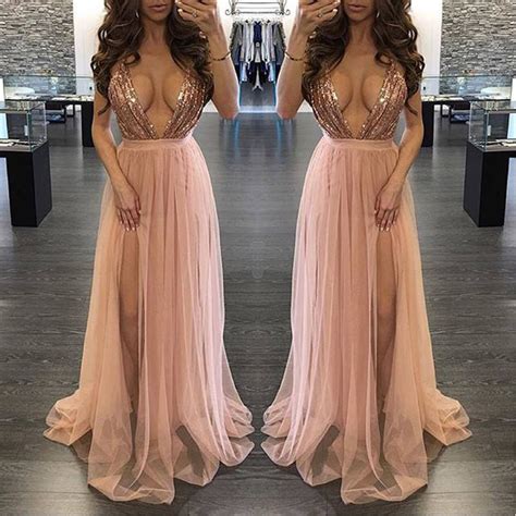 Spaghetti Strap Deep V Neck Sexy Prom Dresses Nude Tulle Slit On Leg