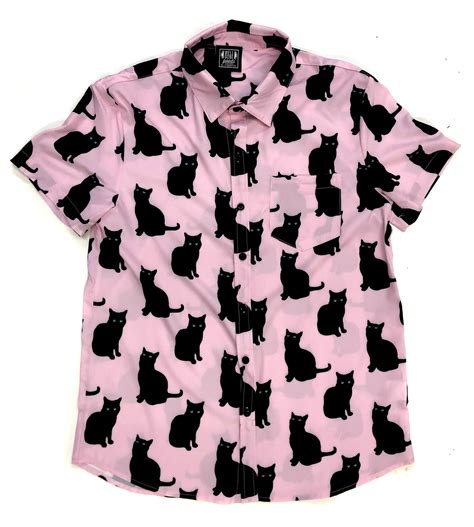 Black Cat Print Short Sleeve Button Up Shirt Choose Pink Or Cream