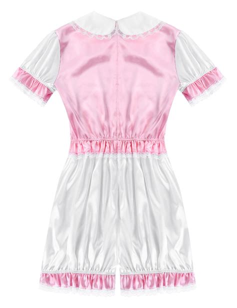 Mens Lingerie Hot Sissy Bodysuit Silky Satin Doll Collar Short Puff Sleeves Trimmed Lace Romper