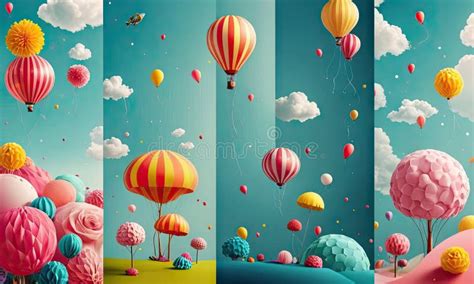 A Colorful Scene Of Hot Air Balloons Floating In The Sky Stock Illustration Illustration Of