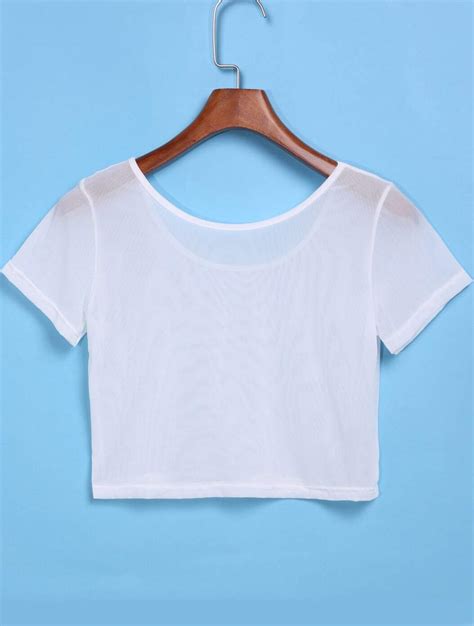 White Short Sleeve Sheer Crop T Shirt Shein Sheinside