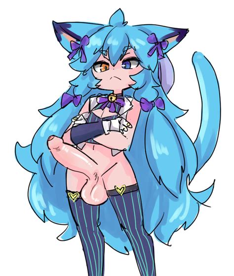 Rule 34 1futa Aimi Balls Big Penis Blue Eyes Blue Hair Bottomless Breasts Cat Ears Cat Tail