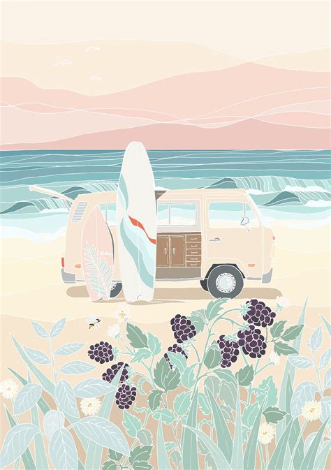 Camper Van Print Surfer Surfing Print Summer Illustration Etsy Uk