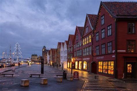 View of the Bryggen, at Night with Beautiful Illumination, Bergen ...