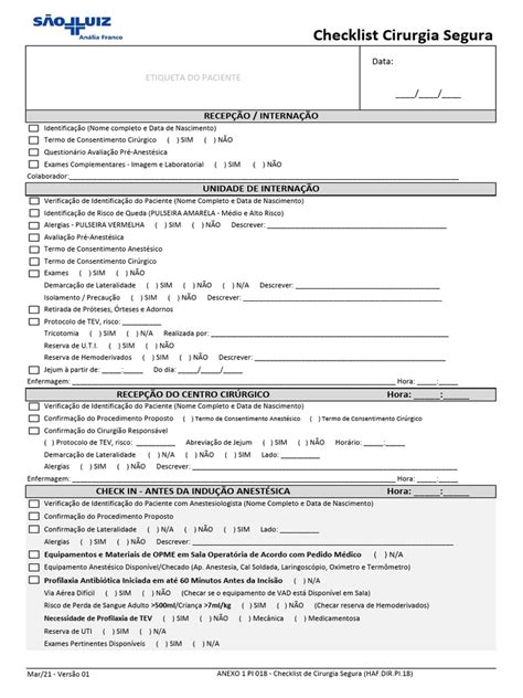 Checklist Cirurgia Segura Pdf - Checklist de Cirurgia Segura | PDF | Anestesia | Cirurgia