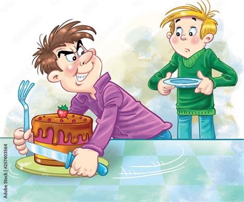 greedy cartoon boy not wanting to share his cake ilustración de Stock ...