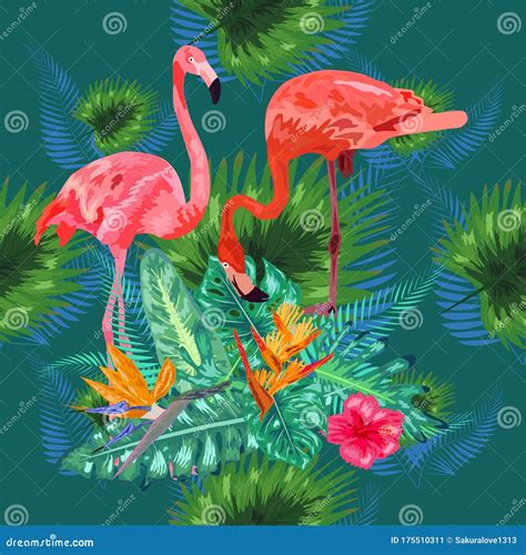 Tropical Trendy Seamless Pattern With Pink Flamingos And Mint Green