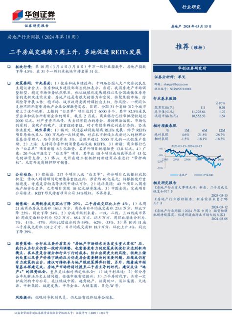 房地产行业周报（2024年第10周）：二手房成交连续3周上升，多地促进reits发展