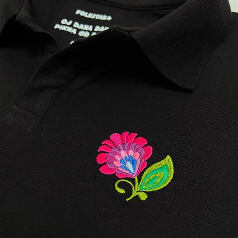 Folkstar Women S Polo Shirt With Embroidery Black Lowicz Pattern