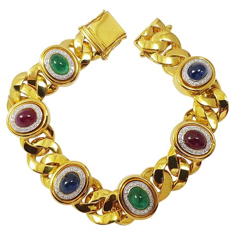 Cabochon Ruby Blue Sapphire Emerald With Diamond Bracelet Set In