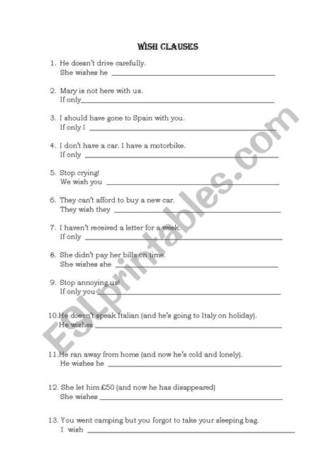 Wish Clauses Rewriting Exercise Esl Worksheet By Mine Nuri