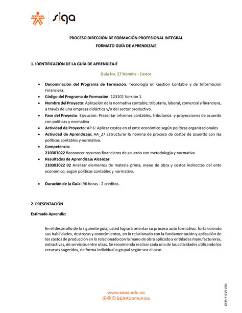 Gu A Nomina Costos Guia Proceso Direccin De Formacin