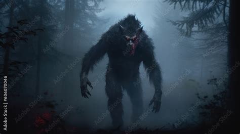 Sinister werewolf with red eyes in gloomy night forest shrouded in mist ...