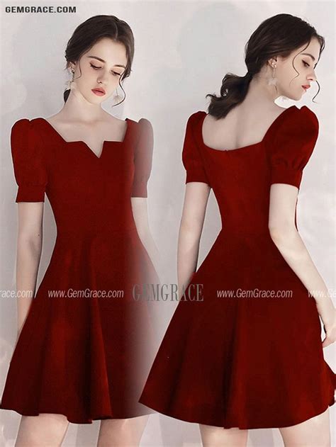 6289 Burgundy Short Aline Party Dress With Bubble Short Sleeves