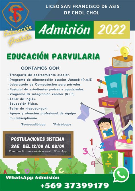 Admisión 2022 Educación Parvularia Liceo San Francisco de Asís Chol Chol