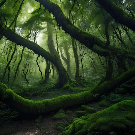 Árvores cobertas de musgo se erguem em uma floresta antiga gerada por