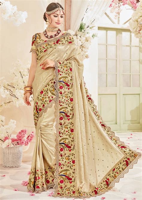 Beige Silk Mirror Worked Wedding Saree