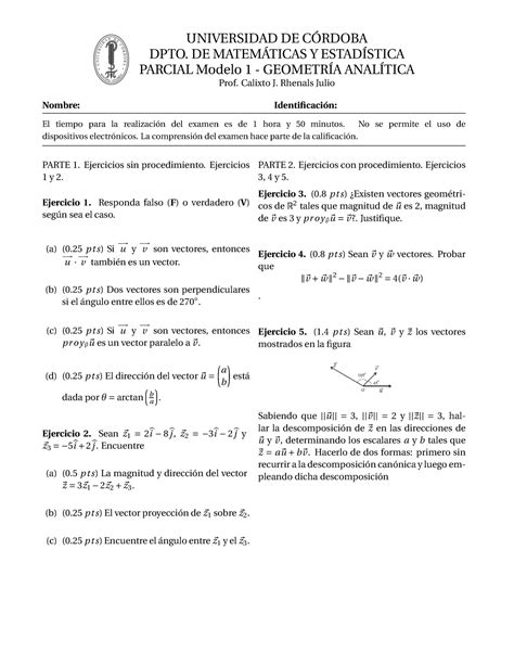 Parcial modelo I Geometr a anal tica UNIVERSIDAD DE CÓRDOBA DPTO DE