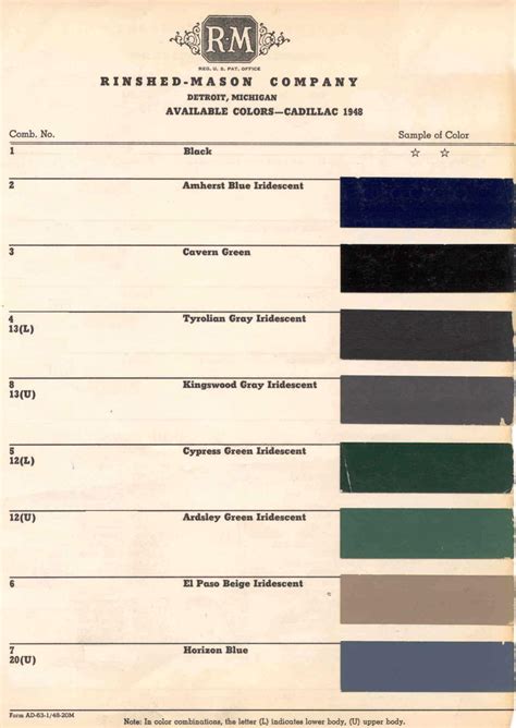 Cadillac Paint Color Chart