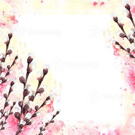 Watercolor Springtime Card Pussy Willow Trees On Watercolor Yellow Pink Spotted Background
