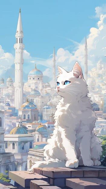 Premium AI Image There Is A White Cat Sitting On A Ledge In Front Of