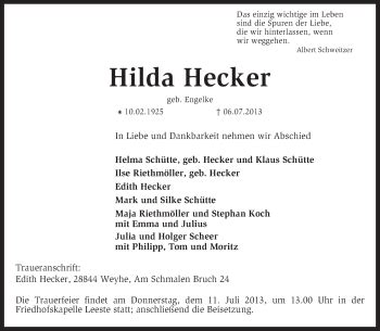 Traueranzeigen Von Hilda Hecker Trauer Kreiszeitung De