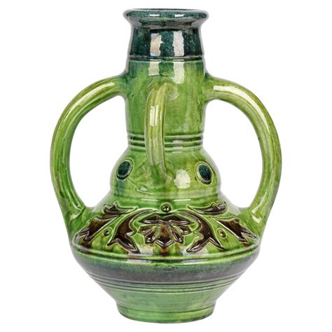 Belgian Art Nouveau Large Twin Handled Green Glazed Art Pottery Vase At