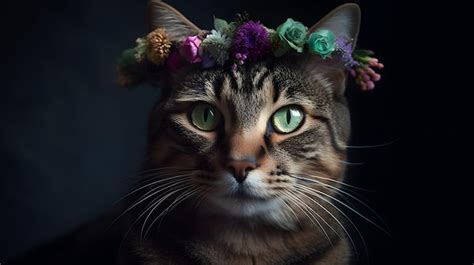 Um gato uma coroa de flores na cabeça Foto Premium