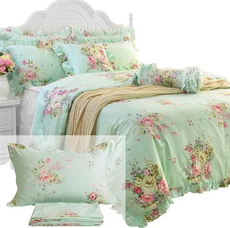 Fadfay 7pcs Queen Size Green Floral Cotton Duvet Cover