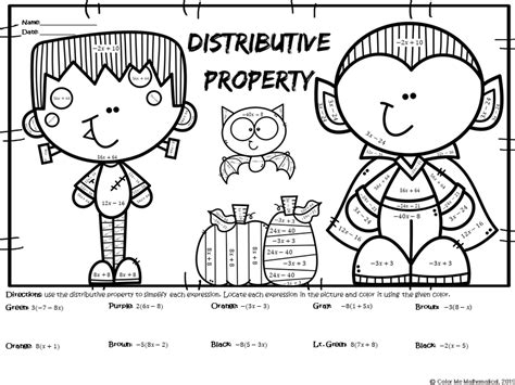 Halloween Basic Algebra Distributive Property Worksheet Color By