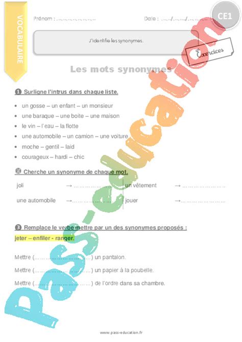 Exercice Synonymes Ce Cycle Pass Education