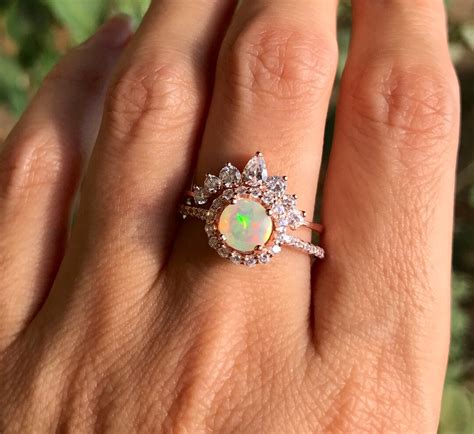 Opal Engagement Vintage Ring Set Halo Opal Promise Ring With Band Round