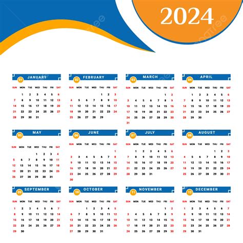 Calendrier 2024 Jaune Et Bleu Avec Style Géométrique Vecteur Png