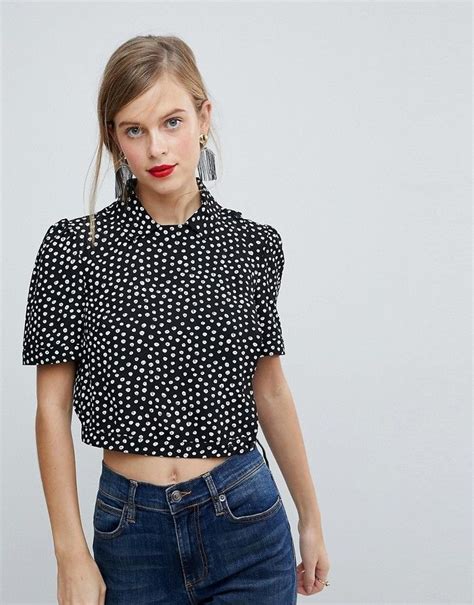 Asos Cropped Blouse With 40s Detail In Polka Dot Crop Blouse Spotted