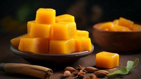 Premium Photo Mango Cubes On A Plate With Cinnamon And Cinnamon