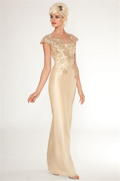 Gold Floral Lace Gown Teri Jon Sexy Modest Dresses Lace Gown