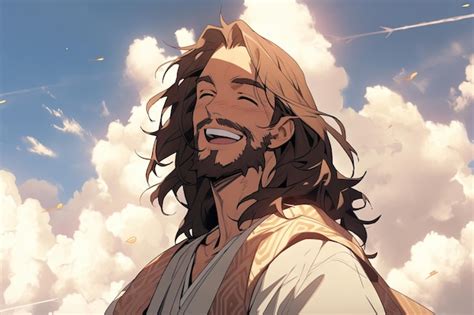 Jesus Anime Smiling With Clouds Illustration Generative Ai Premium Ai