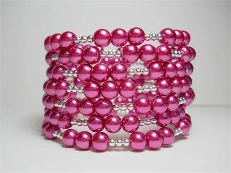 Pink Pearl Coil Bracelet Beaded Wire Wrap Bracelet Etsy Pink Pearl