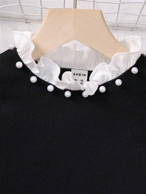 Shein Tween Girl Pearls Beaded Frill Trim Flounce Sleeve Tee Shein Usa