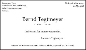 Traueranzeigen Von Bernd Tegtmeyer Stuttgart Gedenkt De