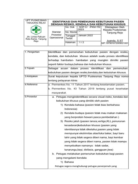 Revisi Sop Identifikasi Dan Pemenuhan Kebutuhan Pasien Pdf