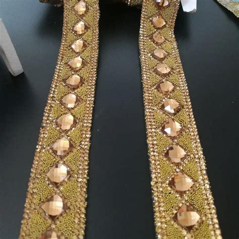 20CM Gold Lace Strass Crystal Hot Fix Glitter Dress Rhinestones Motifs Ribbon Iron On Patches