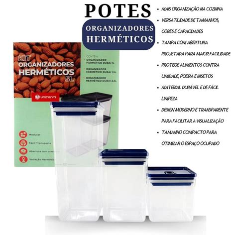 Kit Organizadores Herm Ticos L Cozinha Casa Cores Unitermi Pote