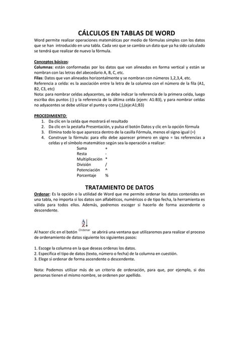 Cálculos En Tablas De Word Pdf