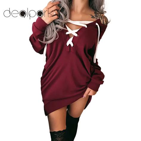 Buy 2018 Autumn Lace Up Tops Women Sexy Off Shoulder Hoodies Deep V Neck