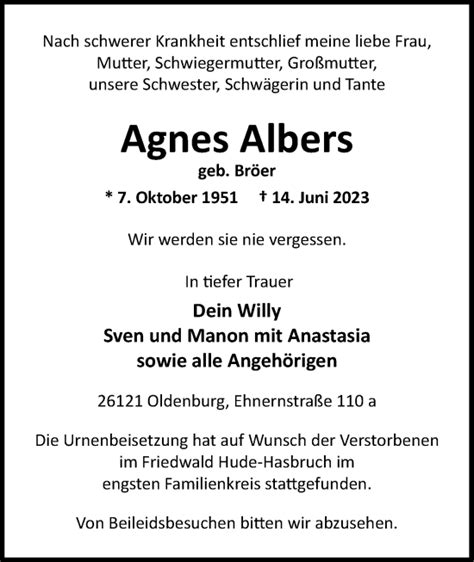 Traueranzeigen Von Agnes Albers Nordwest Trauer De