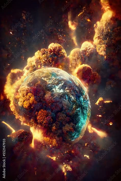 Planet earth destruction. Exploding planet. Outer space explosions, meteors, planets and stars ...