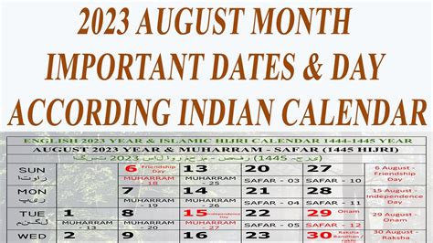 August Month Important Dates Days According Indian Calendar